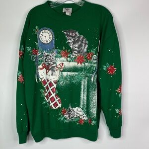 Vintage Nutcracker Kitten Christmas Green Sweater Size Large